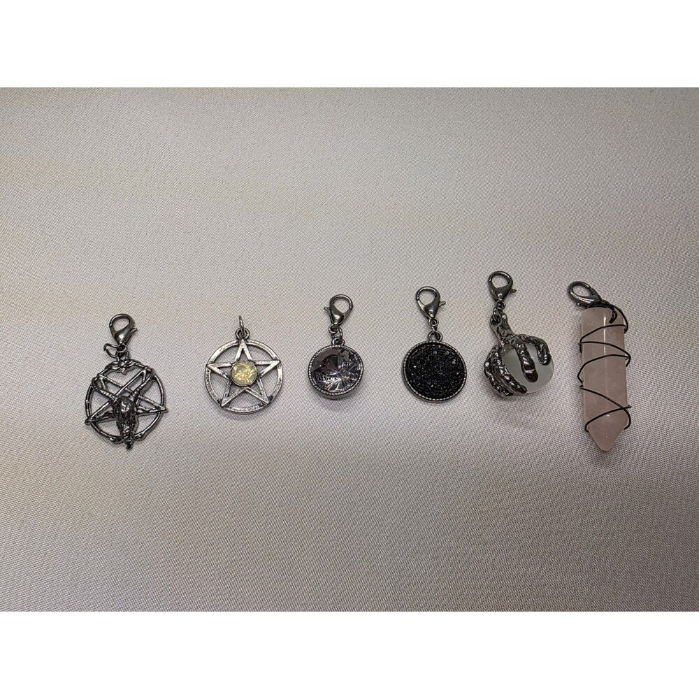 6pc Gothic Charm Set Pentagram Goat Skull Quartz Crystal Witchy Pagan Jewelry
